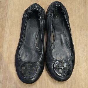 Tory Burch Black Leather Flats with Logo